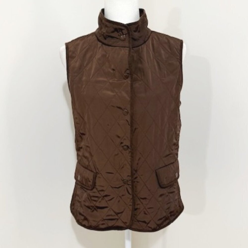 Talbots Brown Diamond Quilted Sleeveless Vest Snaps & Pockets Women's Size S